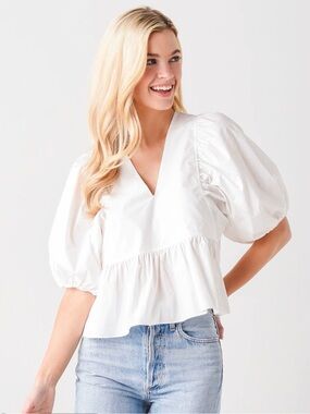 🤍LOVE!! Hunter Bell Puff Sleeve White Blouse Sz Medium Tuckernuck